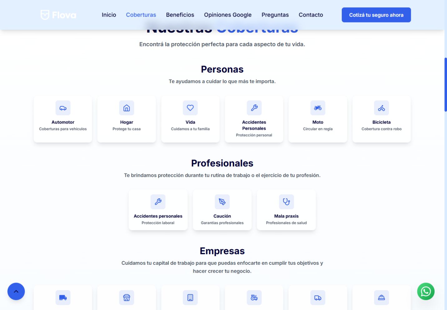 Coberturas de Flova organizadas para personas, profesionales y empresas.